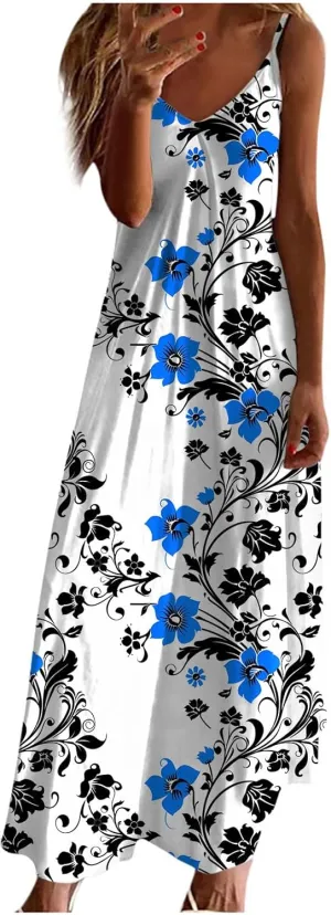 Sun Dresses for Women 2024 Summer Fashion Casual Sleeveless Boho Floral Maxi Sundress Spaghetti Strap Beach Dress