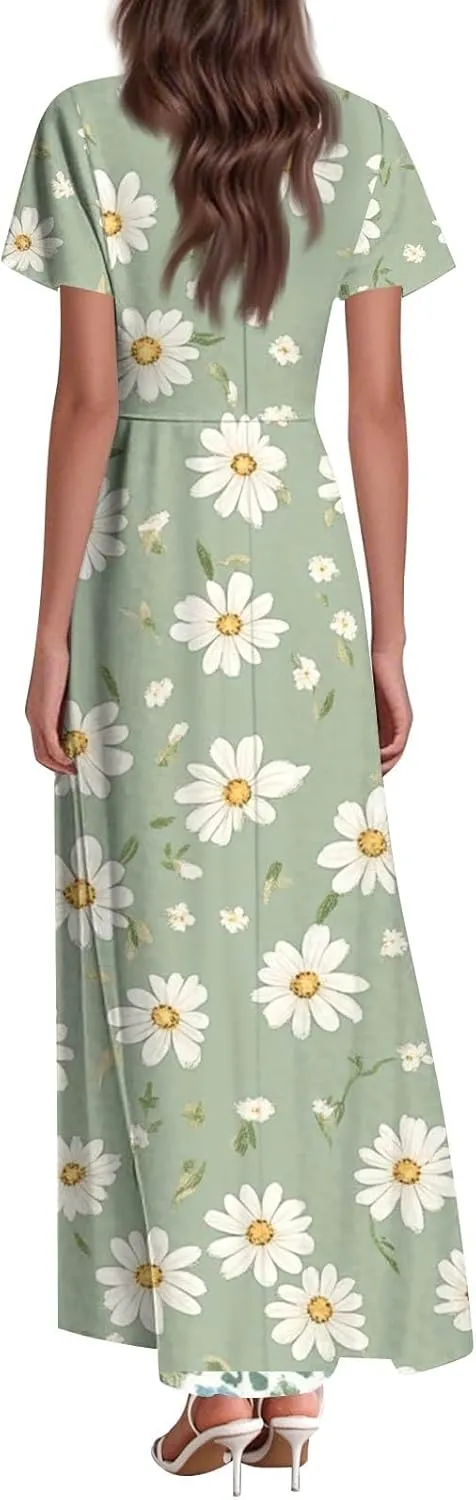 Sundresses for Women Summer Ruffle Short Sleeve V Neck Flowy Cocktail Dresses Trendy Floral Print Swing Hem Dress