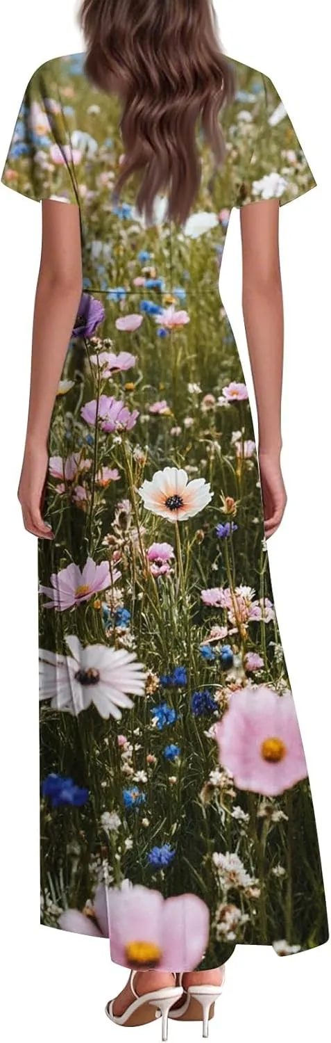 Sundresses for Women Summer Ruffle Short Sleeve V Neck Flowy Cocktail Dresses Trendy Floral Print Swing Hem Dress