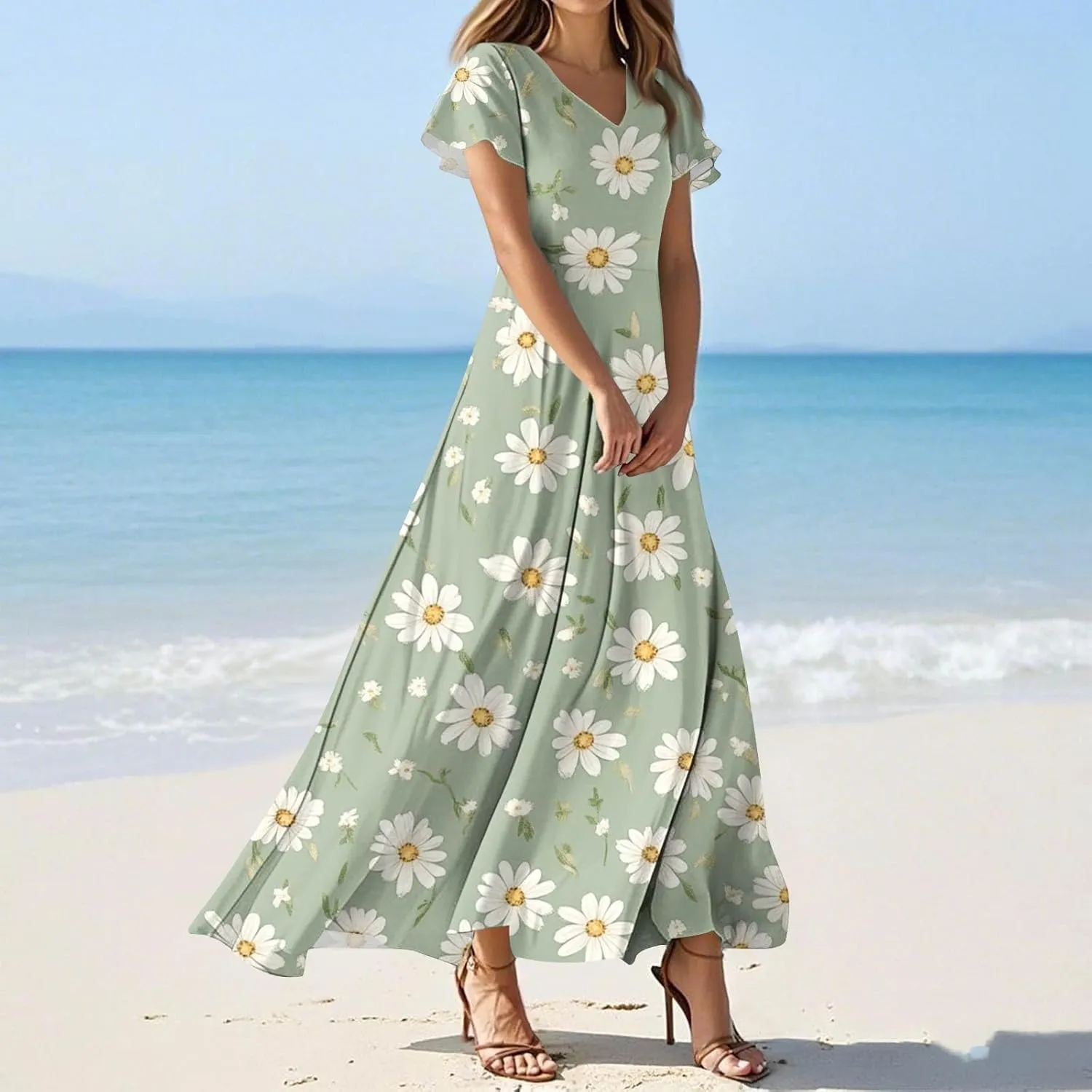Sundresses for Women Summer Ruffle Short Sleeve V Neck Flowy Cocktail Dresses Trendy Floral Print Swing Hem Dress