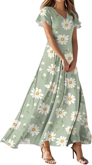 Sundresses for Women Summer Ruffle Short Sleeve V Neck Flowy Cocktail Dresses Trendy Floral Print Swing Hem Dress