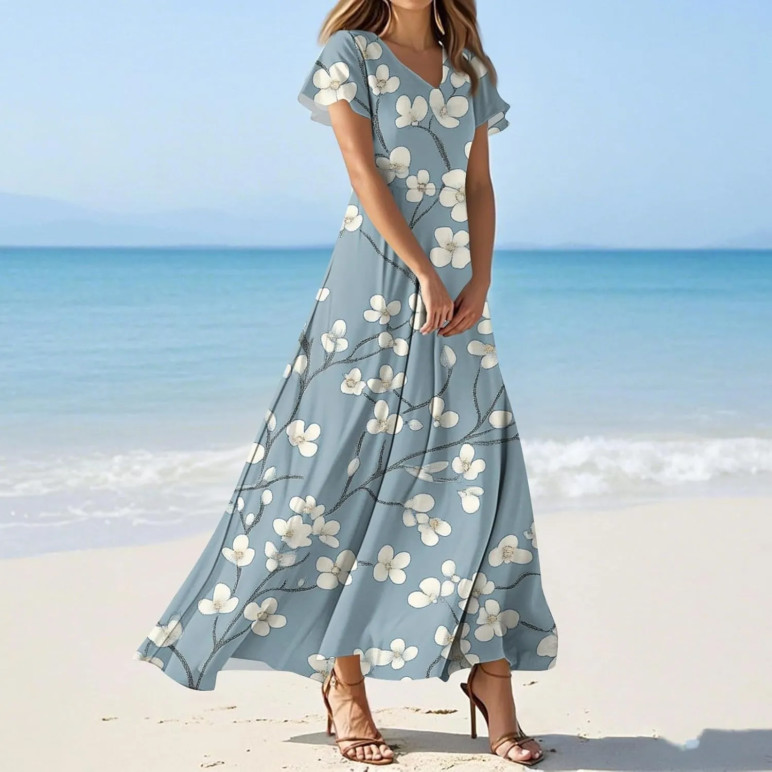 Sundresses for Women Summer Ruffle Short Sleeve V Neck Flowy Cocktail Dresses Trendy Floral Print Swing Hem Dress