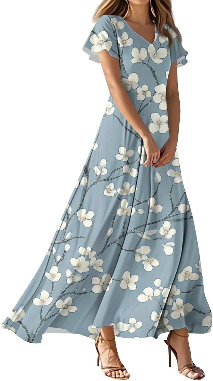 Sundresses for Women Summer Ruffle Short Sleeve V Neck Flowy Cocktail Dresses Trendy Floral Print Swing Hem Dress