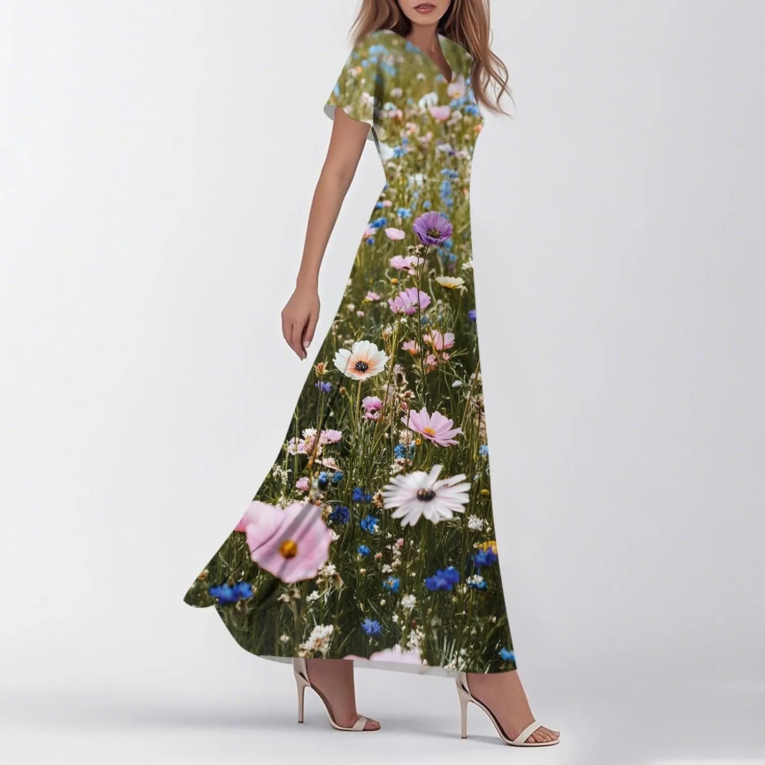 Sundresses for Women Summer Ruffle Short Sleeve V Neck Flowy Cocktail Dresses Trendy Floral Print Swing Hem Dress