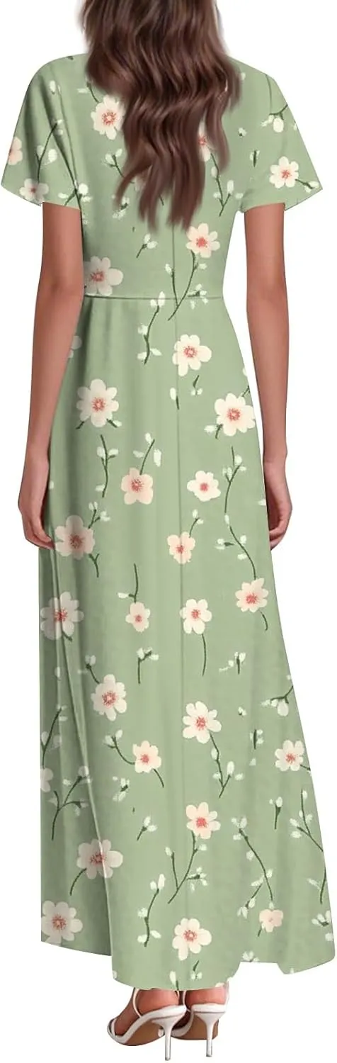 Sundresses for Women Summer Ruffle Short Sleeve V Neck Flowy Cocktail Dresses Trendy Floral Print Swing Hem Dress
