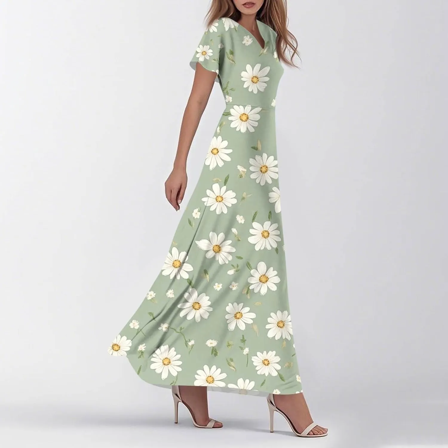 Sundresses for Women Summer Ruffle Short Sleeve V Neck Flowy Cocktail Dresses Trendy Floral Print Swing Hem Dress