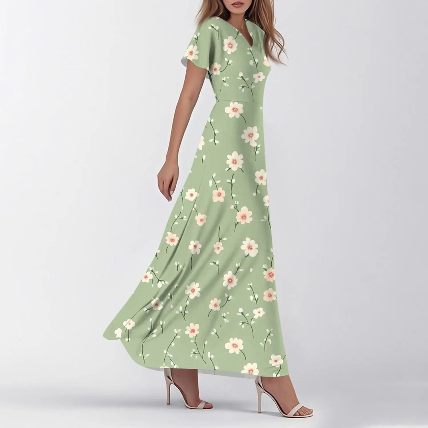 Sundresses for Women Summer Ruffle Short Sleeve V Neck Flowy Cocktail Dresses Trendy Floral Print Swing Hem Dress