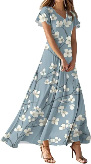 Sundresses for Women Summer Ruffle Short Sleeve V Neck Flowy Cocktail Dresses Trendy Floral Print Swing Hem Dress
