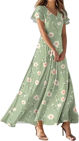 Sundresses for Women Summer Ruffle Short Sleeve V Neck Flowy Cocktail Dresses Trendy Floral Print Swing Hem Dress
