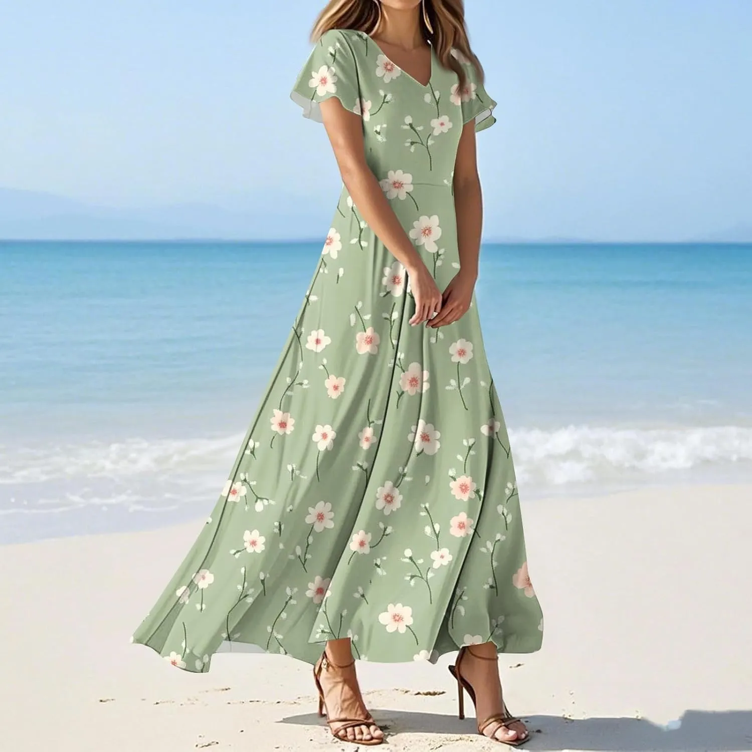 Sundresses for Women Summer Ruffle Short Sleeve V Neck Flowy Cocktail Dresses Trendy Floral Print Swing Hem Dress