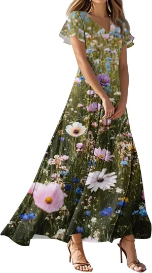 Sundresses for Women Summer Ruffle Short Sleeve V Neck Flowy Cocktail Dresses Trendy Floral Print Swing Hem Dress
