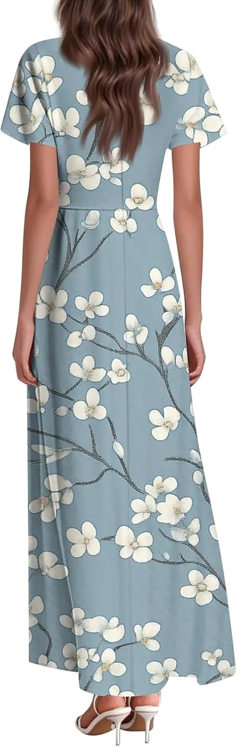 Sundresses for Women Summer Ruffle Short Sleeve V Neck Flowy Cocktail Dresses Trendy Floral Print Swing Hem Dress