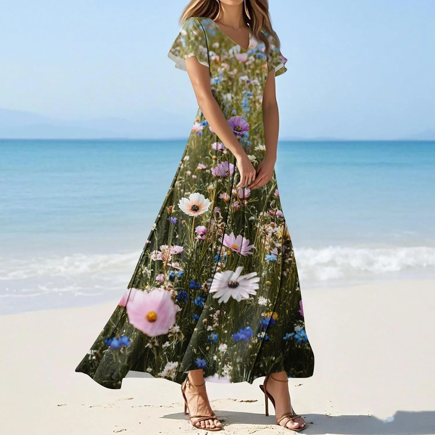 Sundresses for Women Summer Ruffle Short Sleeve V Neck Flowy Cocktail Dresses Trendy Floral Print Swing Hem Dress