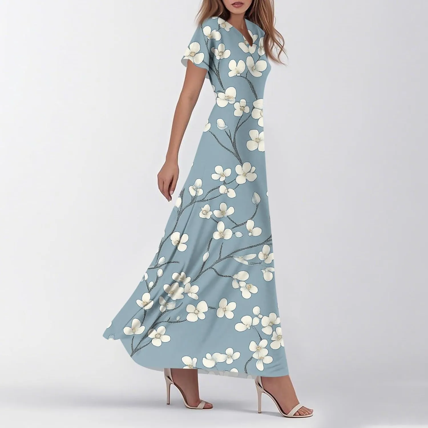 Sundresses for Women Summer Ruffle Short Sleeve V Neck Flowy Cocktail Dresses Trendy Floral Print Swing Hem Dress