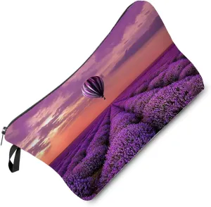 Sunset Lavender Makeup Bag Cute Small Organizer Bag Toiletry Zipper Pouch Hot Air Balloon France Lavender Cosmetic Bag Purple Floral Birthday Present for Women Friends