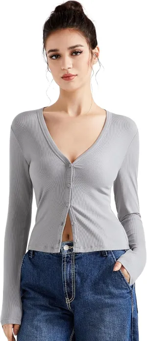 SUUKSESS Women Ribbed Lightweight Cardigan V Neck Button Up Long Sleeve Cropped Modal Tops