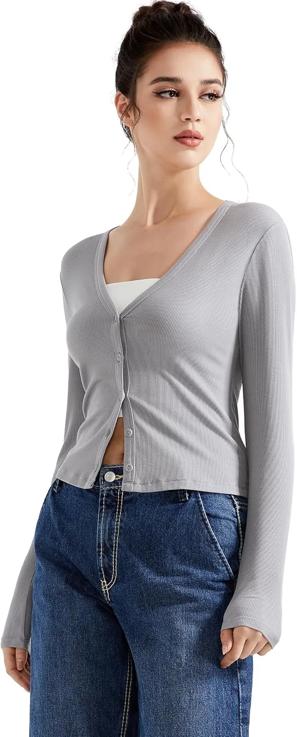 SUUKSESS Women Ribbed Lightweight Cardigan V Neck Button Up Long Sleeve Cropped Modal Tops