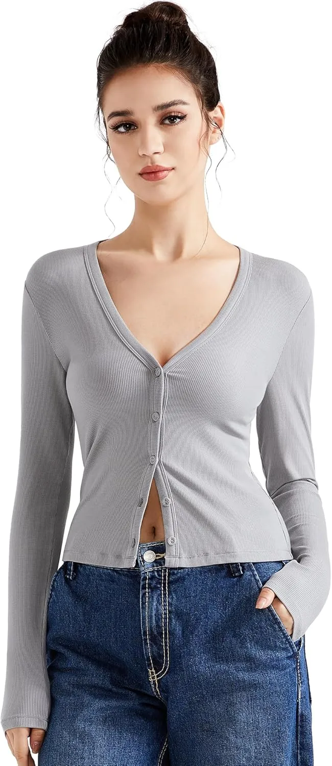 SUUKSESS Women Ribbed Lightweight Cardigan V Neck Button Up Long Sleeve Cropped Modal Tops