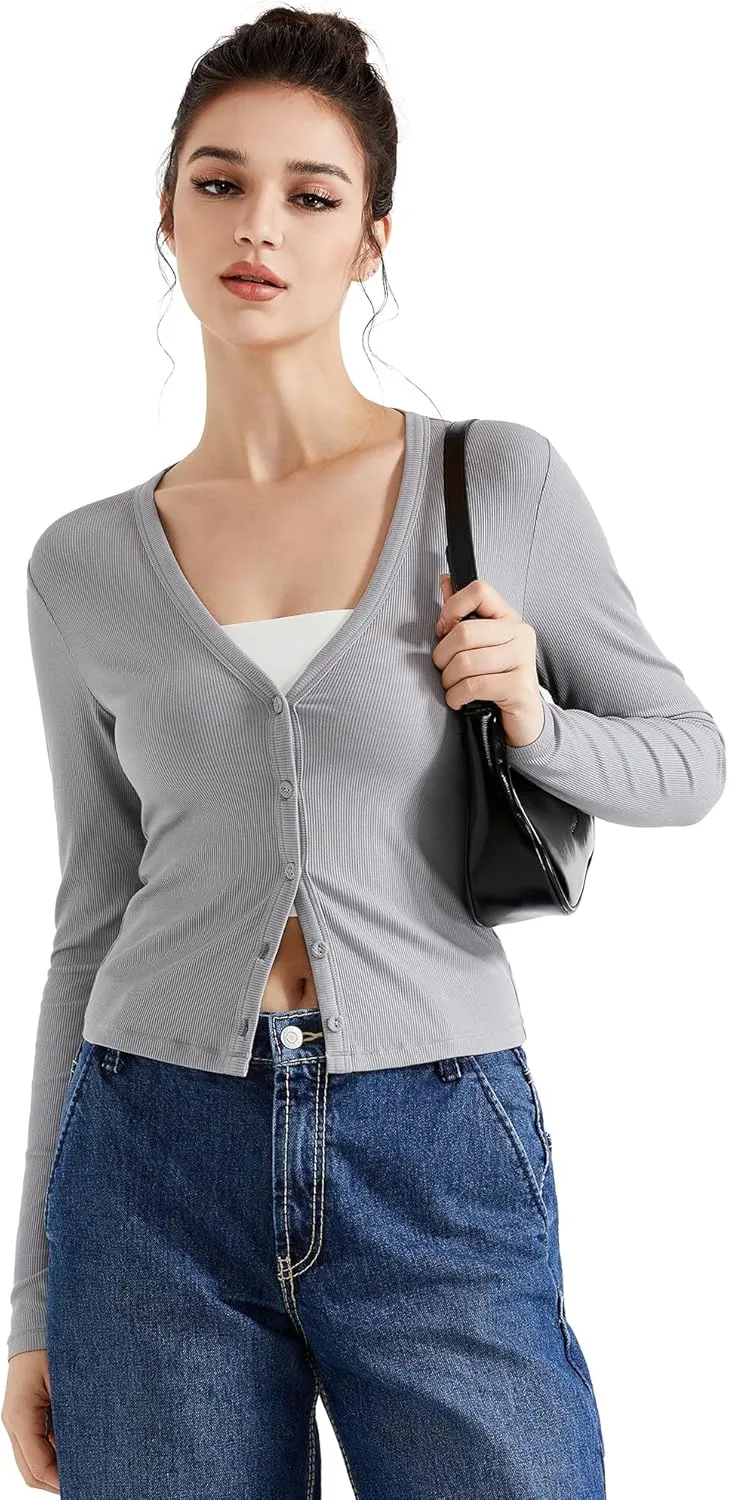SUUKSESS Women Ribbed Lightweight Cardigan V Neck Button Up Long Sleeve Cropped Modal Tops
