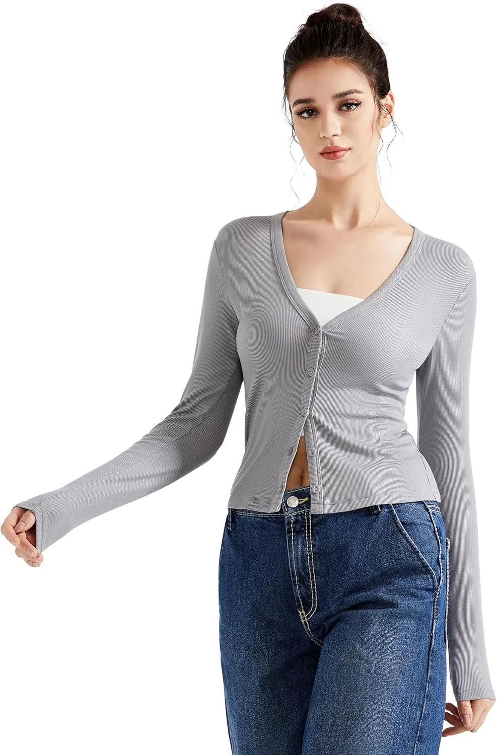 SUUKSESS Women Ribbed Lightweight Cardigan V Neck Button Up Long Sleeve Cropped Modal Tops