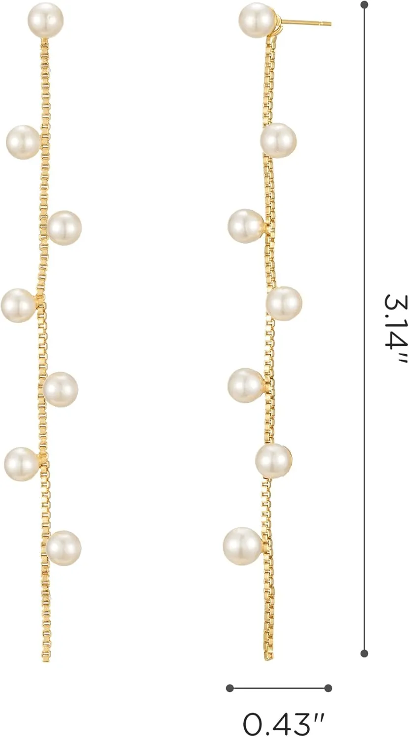 SWEETV 14K Gold Plated Long Pearl Drop Dangle Earrings for Women, Tassel Chain Baroque Pearl Wedding Bridal Earrings for Brides Bridesmaids, Prom Jewelry Gifts