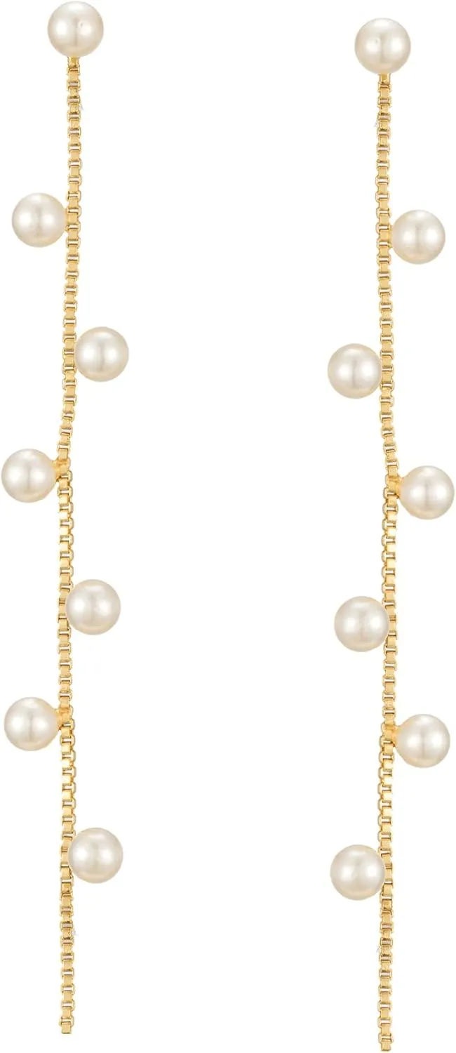 SWEETV 14K Gold Plated Long Pearl Drop Dangle Earrings for Women, Tassel Chain Baroque Pearl Wedding Bridal Earrings for Brides Bridesmaids, Prom Jewelry Gifts