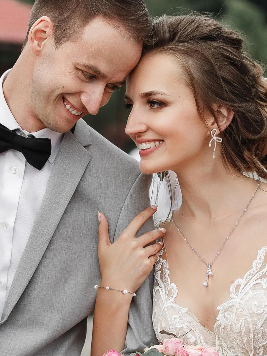 SWEETV Pearl Bridal Jewelry Set for Wedding, Bow Necklace and Earring Sets for Women Bridal Bridesmaid, Cubic Zirconia Silver Jewelry Set Wedding Prom Anniversary Jewelry Gifts