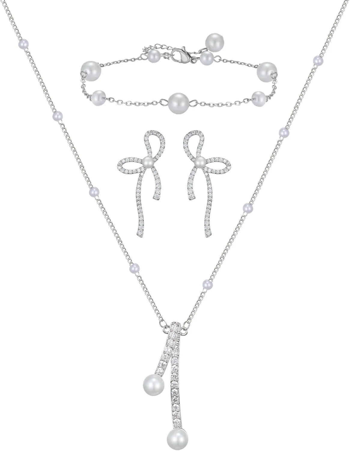 SWEETV Pearl Bridal Jewelry Set for Wedding, Bow Necklace and Earring Sets for Women Bridal Bridesmaid, Cubic Zirconia Silver Jewelry Set Wedding Prom Anniversary Jewelry Gifts