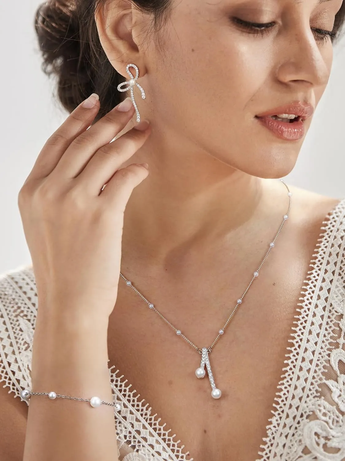 SWEETV Pearl Bridal Jewelry Set for Wedding, Bow Necklace and Earring Sets for Women Bridal Bridesmaid, Cubic Zirconia Silver Jewelry Set Wedding Prom Anniversary Jewelry Gifts