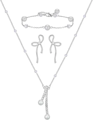 SWEETV Pearl Bridal Jewelry Set for Wedding, Bow Necklace and Earring Sets for Women Bridal Bridesmaid, Cubic Zirconia Silver Jewelry Set Wedding Prom Anniversary Jewelry Gifts