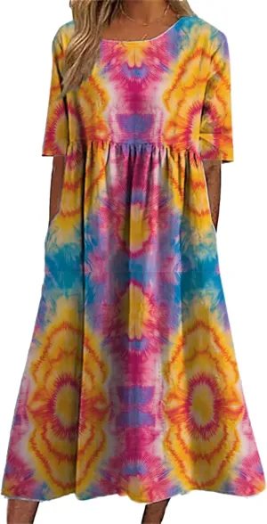 Tie Dye Summer Midi Dresses for Women Short Sleeve Boho Floral Dress Loose Beach Vacation Sundresses with Pockets
