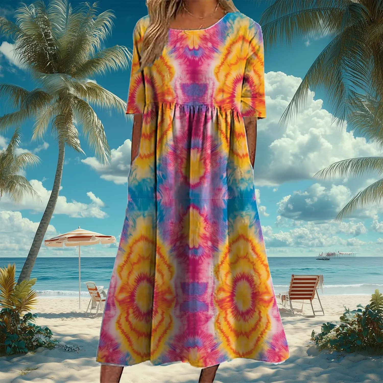 Tie Dye Summer Midi Dresses for Women Short Sleeve Boho Floral Dress Loose Beach Vacation Sundresses with Pockets