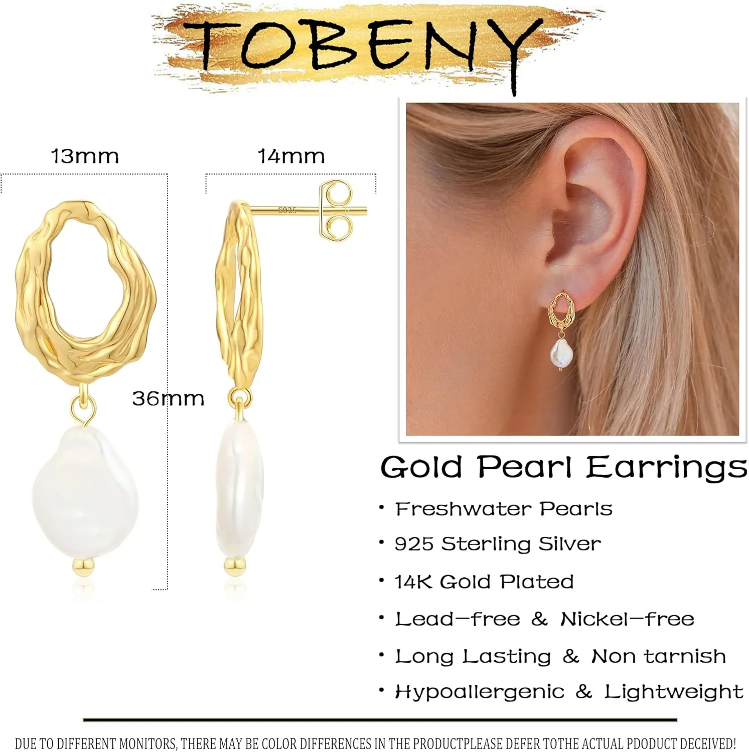 TOBENY Pearl Earrings for Women Trendy Dainty 14K Gold Plated Pearl Dangle Earrings Statement White Pearl Drop Earrings Dangling Bridal Wedding Huggie Hoop Earrings for Women Gifts Jewelry