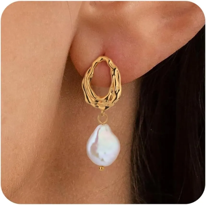 TOBENY Pearl Earrings for Women Trendy Dainty 14K Gold Plated Pearl Dangle Earrings Statement White Pearl Drop Earrings Dangling Bridal Wedding Huggie Hoop Earrings for Women Gifts Jewelry
