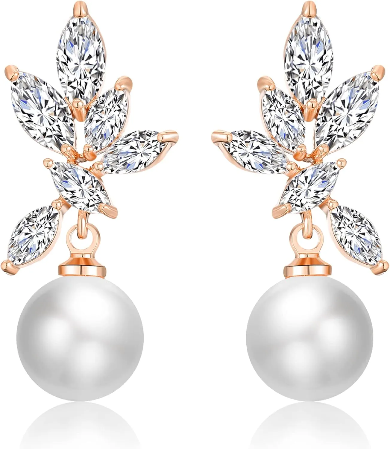 UILZ Cubic Zirconia Pearl Dangle Earrings for Women,Teardrop Leaf Rhinestone Wedding Bridal Earrings for Bridesmaids Brides,Crystal Rhinestones Dangle Earrings Prom Jewelry