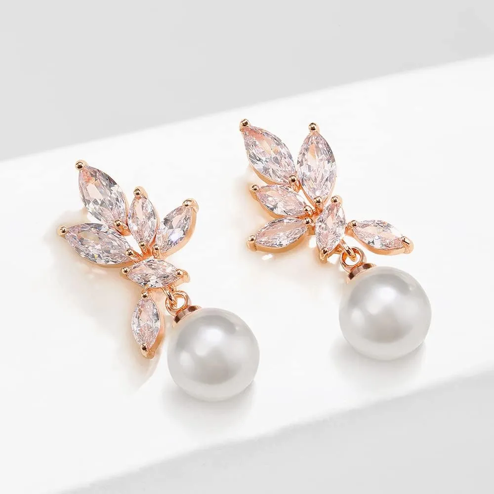 UILZ Cubic Zirconia Pearl Dangle Earrings for Women,Teardrop Leaf Rhinestone Wedding Bridal Earrings for Bridesmaids Brides,Crystal Rhinestones Dangle Earrings Prom Jewelry