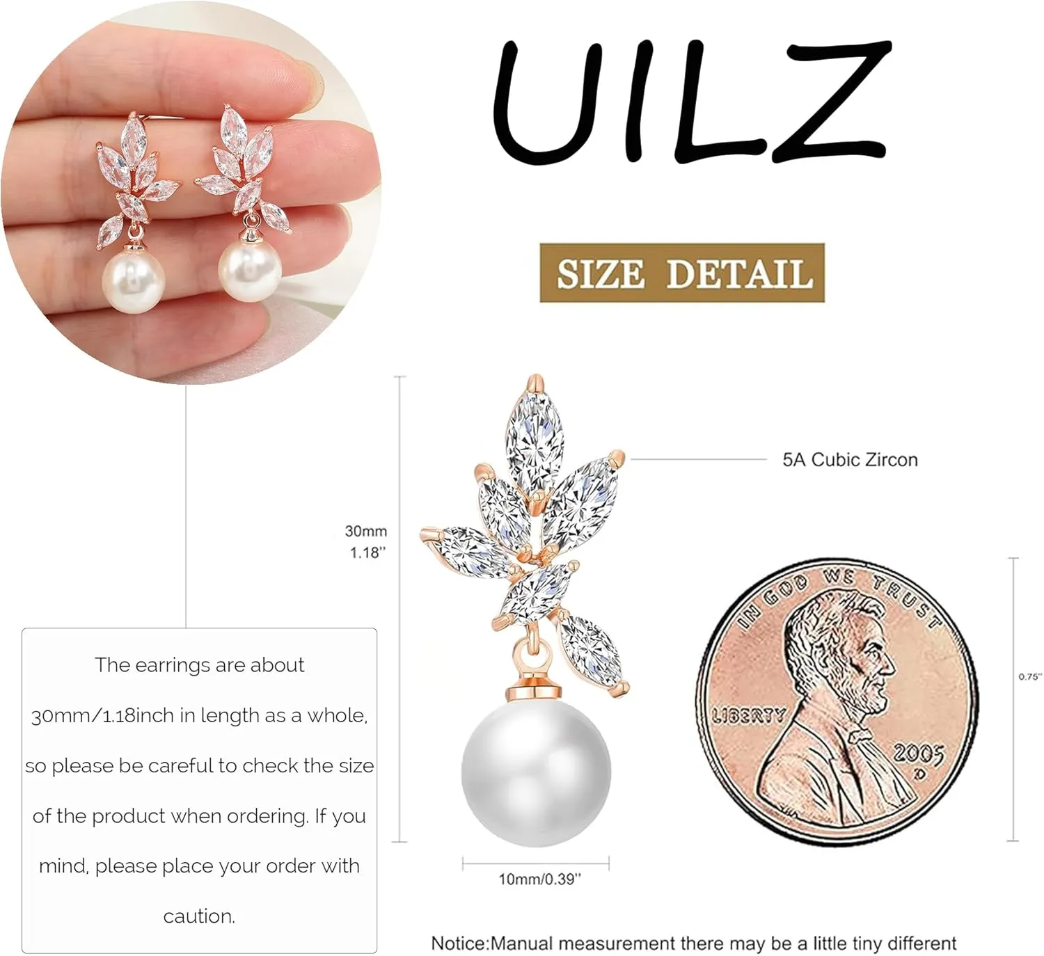 UILZ Cubic Zirconia Pearl Dangle Earrings for Women,Teardrop Leaf Rhinestone Wedding Bridal Earrings for Bridesmaids Brides,Crystal Rhinestones Dangle Earrings Prom Jewelry