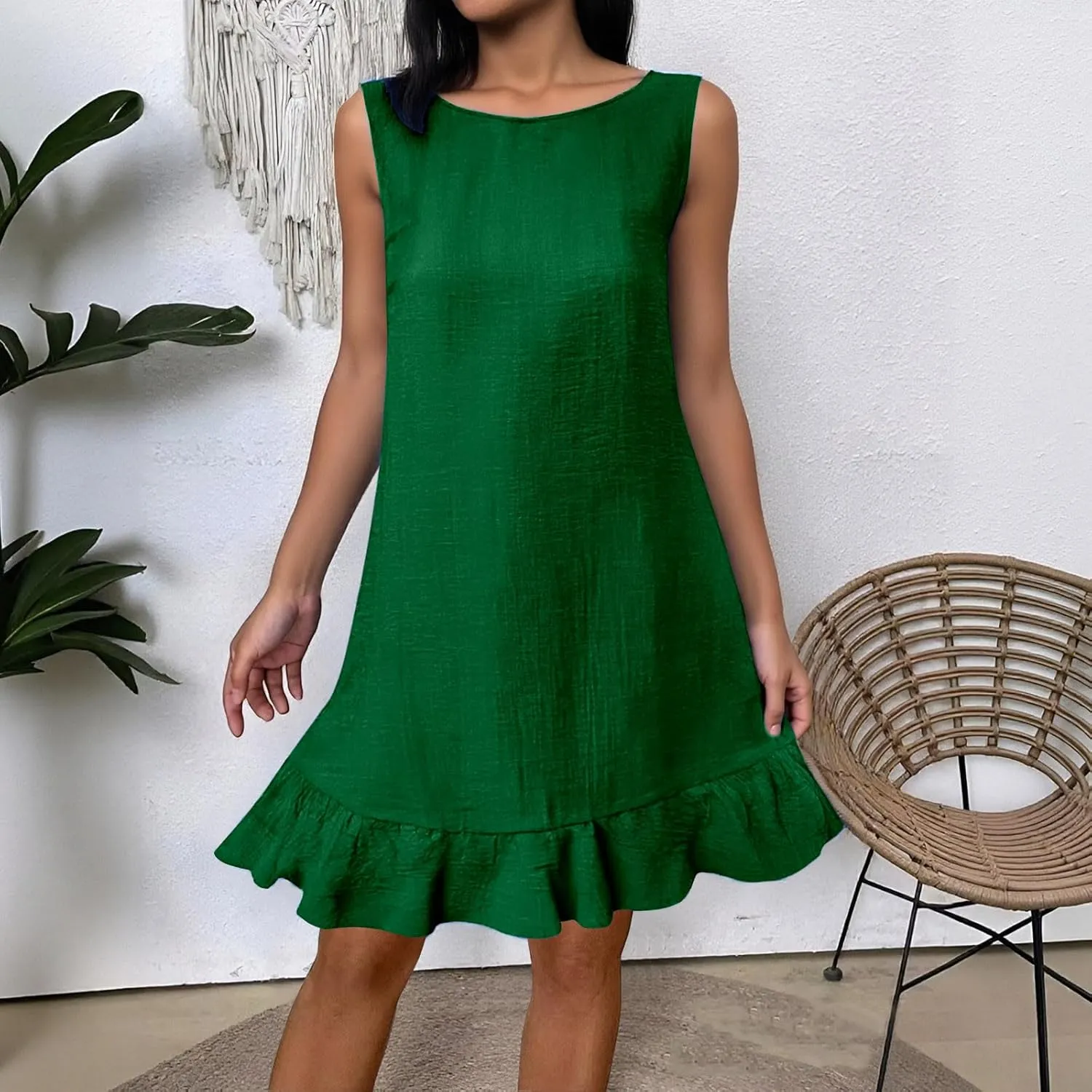 Vacation Dresses for Women 2025 Cute Halter Neck Mini Dress Sleeveless Solid Color Flowy Pleated Short Sundress