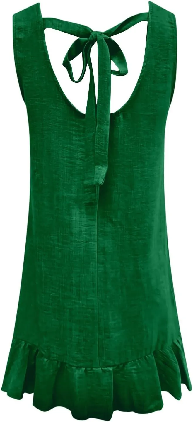 Vacation Dresses for Women 2025 Cute Halter Neck Mini Dress Sleeveless Solid Color Flowy Pleated Short Sundress