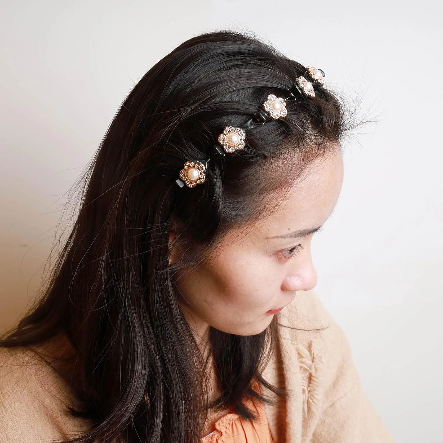 Vintage Crystal Pearl Headband Clip Rhinestone Pearl Flower Hairband Clips CZ Braided Bang Hair Hoop Headband Double Layer Twist Plait Braided Headband for Women and Girls