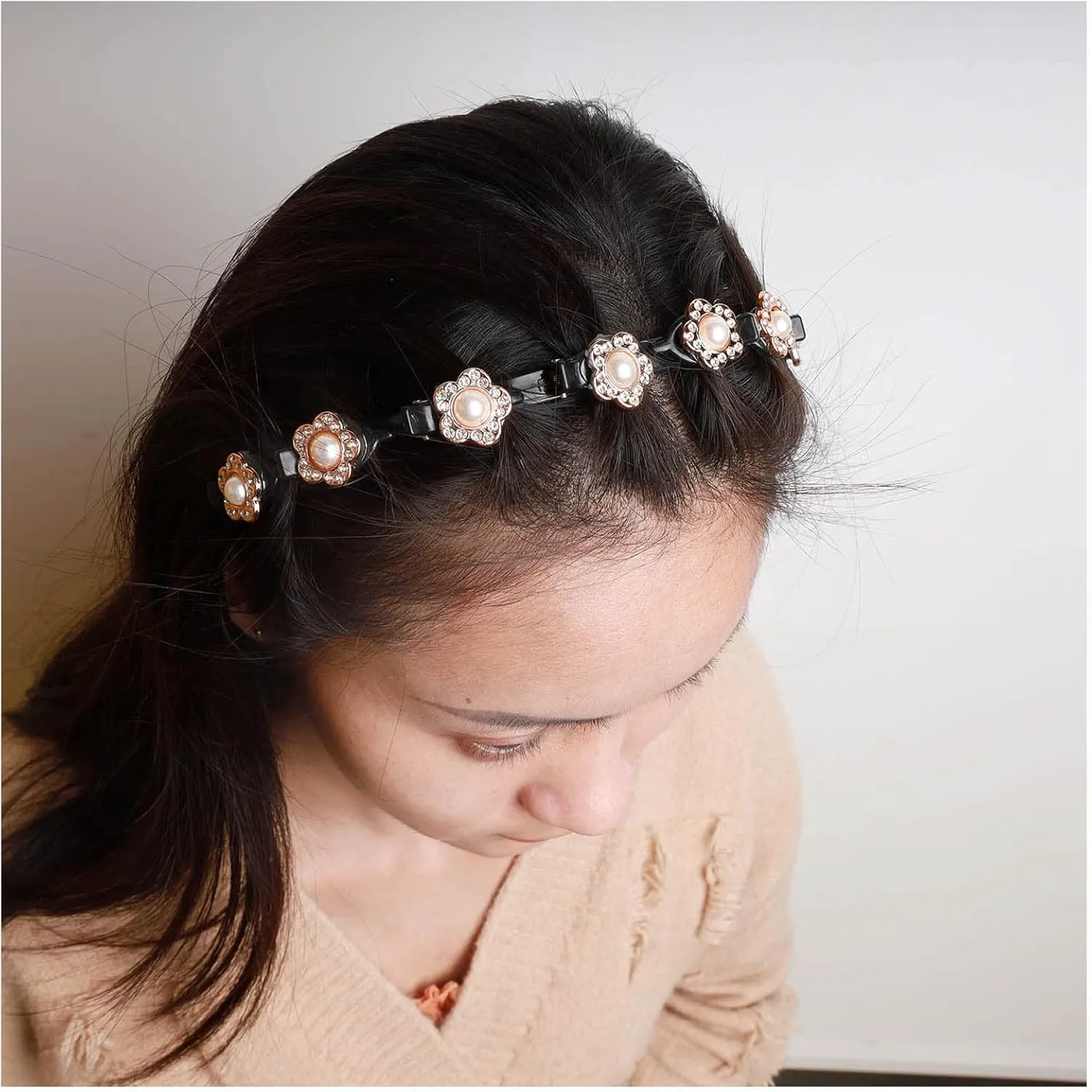Vintage Crystal Pearl Headband Clip Rhinestone Pearl Flower Hairband Clips CZ Braided Bang Hair Hoop Headband Double Layer Twist Plait Braided Headband for Women and Girls