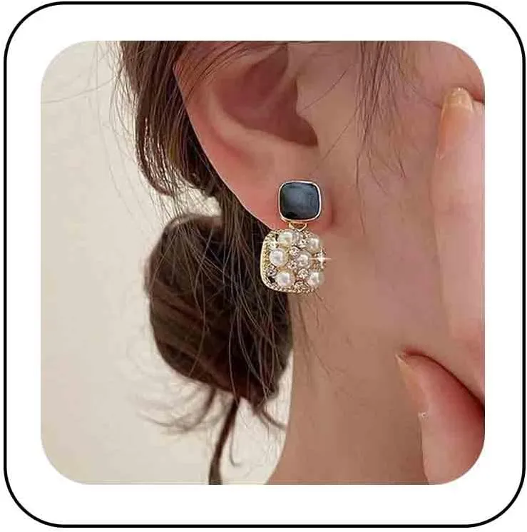 Vintage Crystal Square Stud Earrings Boho Pearl Drop Earrings Rhinestone Square Dangle Earrings Black Enamel Square Stud Earrings Jewelry for Women