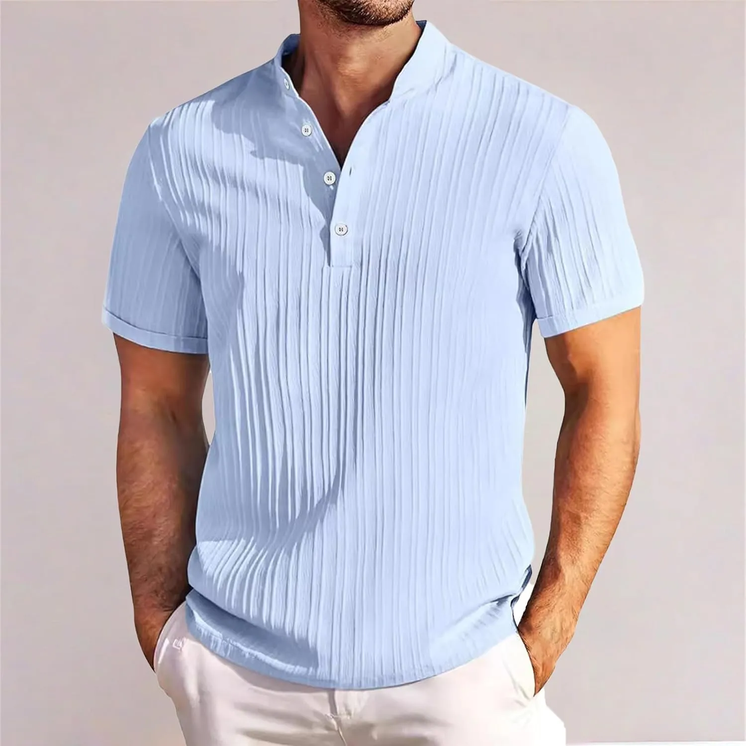 Vintage Henley Shirts for Men Cotton Linen Basic Short Sleeve Tees Baggy Striped Shirt Casual Summer Top Lightweight