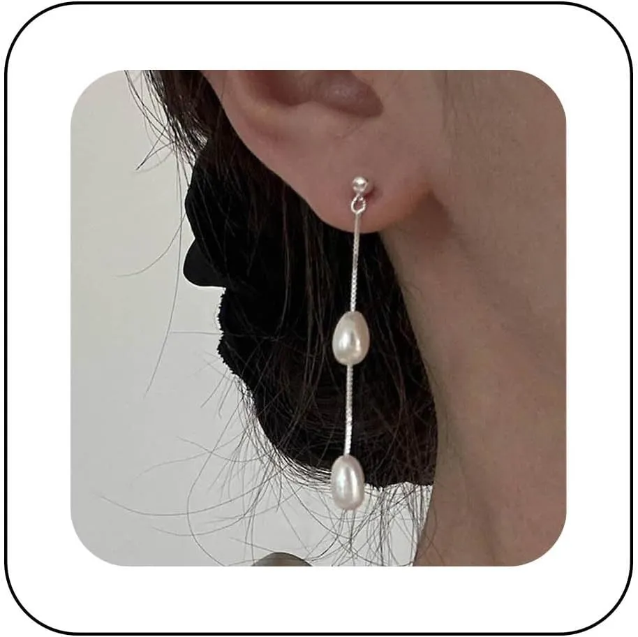 Vintage Pearl Drop Earrings Long Pearl Tassel Dangle Earrings Silver Pearl Chain Earrings Wedding Pearl Tassel Earrings Jewelry for Women