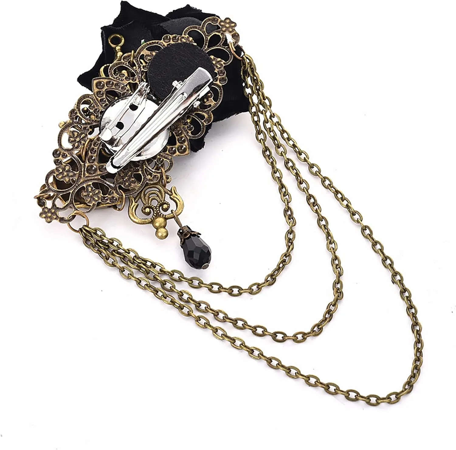Vintage Punk Hair Clip Gothic Cross Skull Brooch with Tassels Chain Rose Shawl Brooch for Women Men Halloween Costume Party