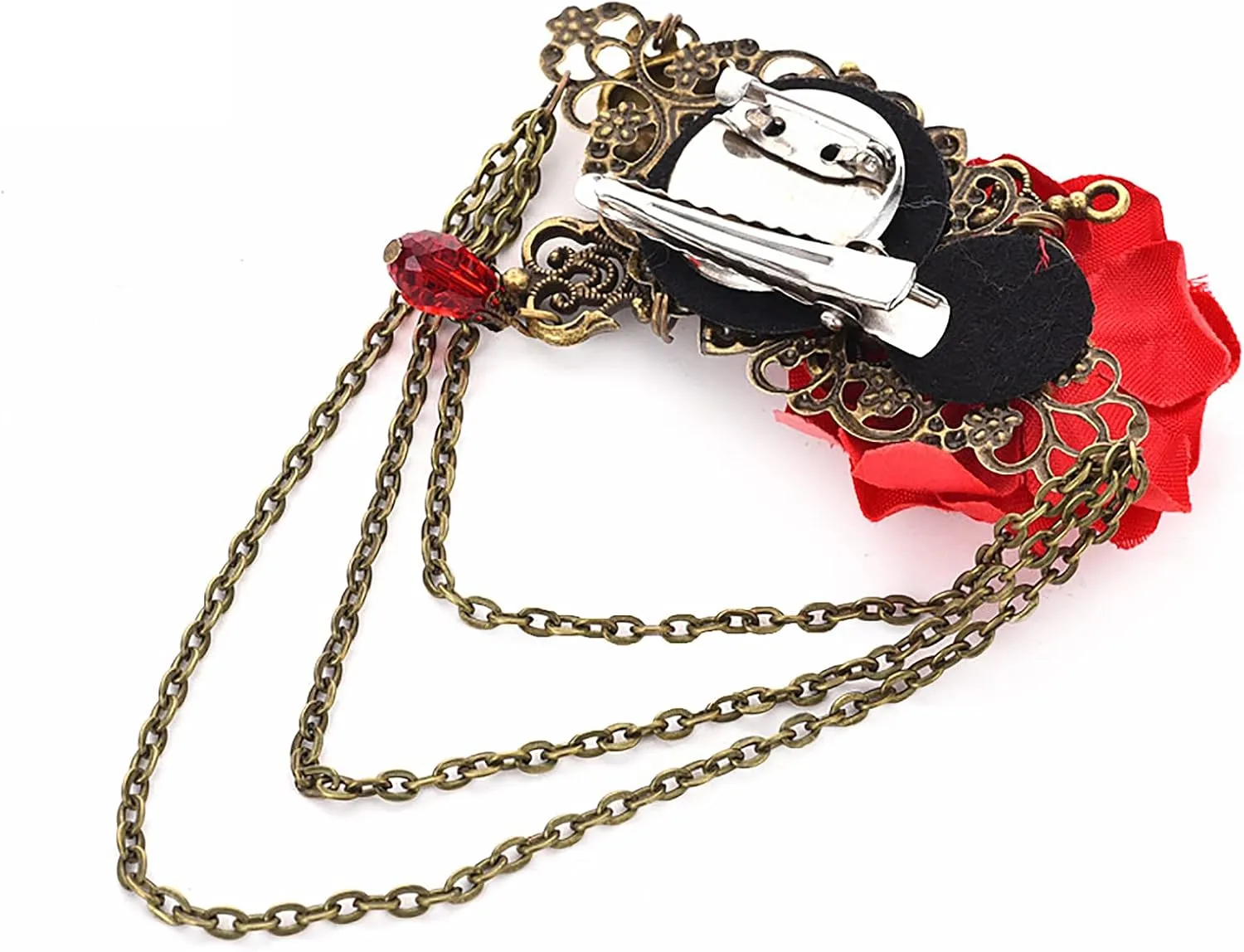 Vintage Punk Hair Clip Gothic Cross Skull Brooch with Tassels Chain Rose Shawl Brooch for Women Men Halloween Costume Party