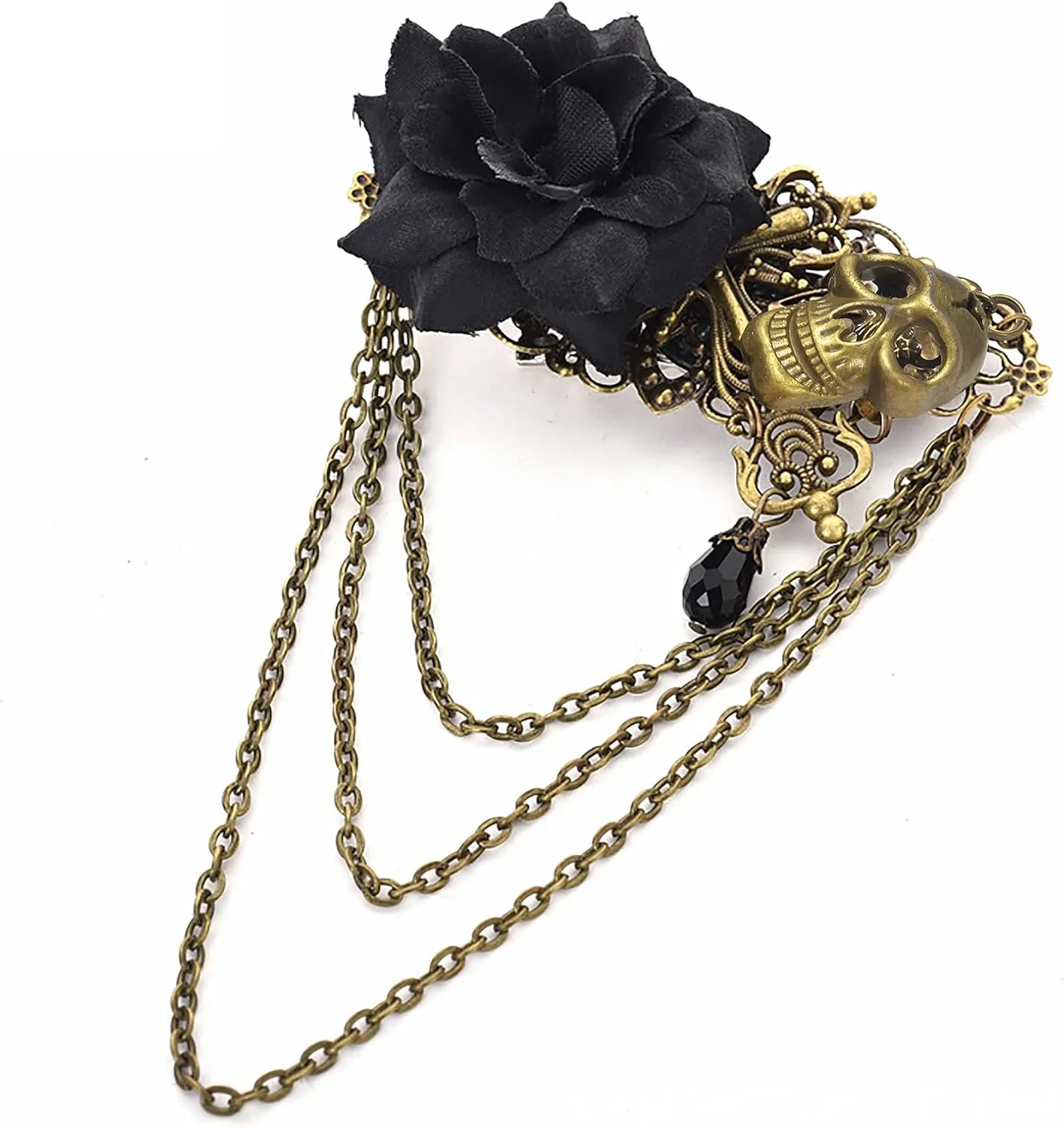 Vintage Punk Hair Clip Gothic Cross Skull Brooch with Tassels Chain Rose Shawl Brooch for Women Men Halloween Costume Party