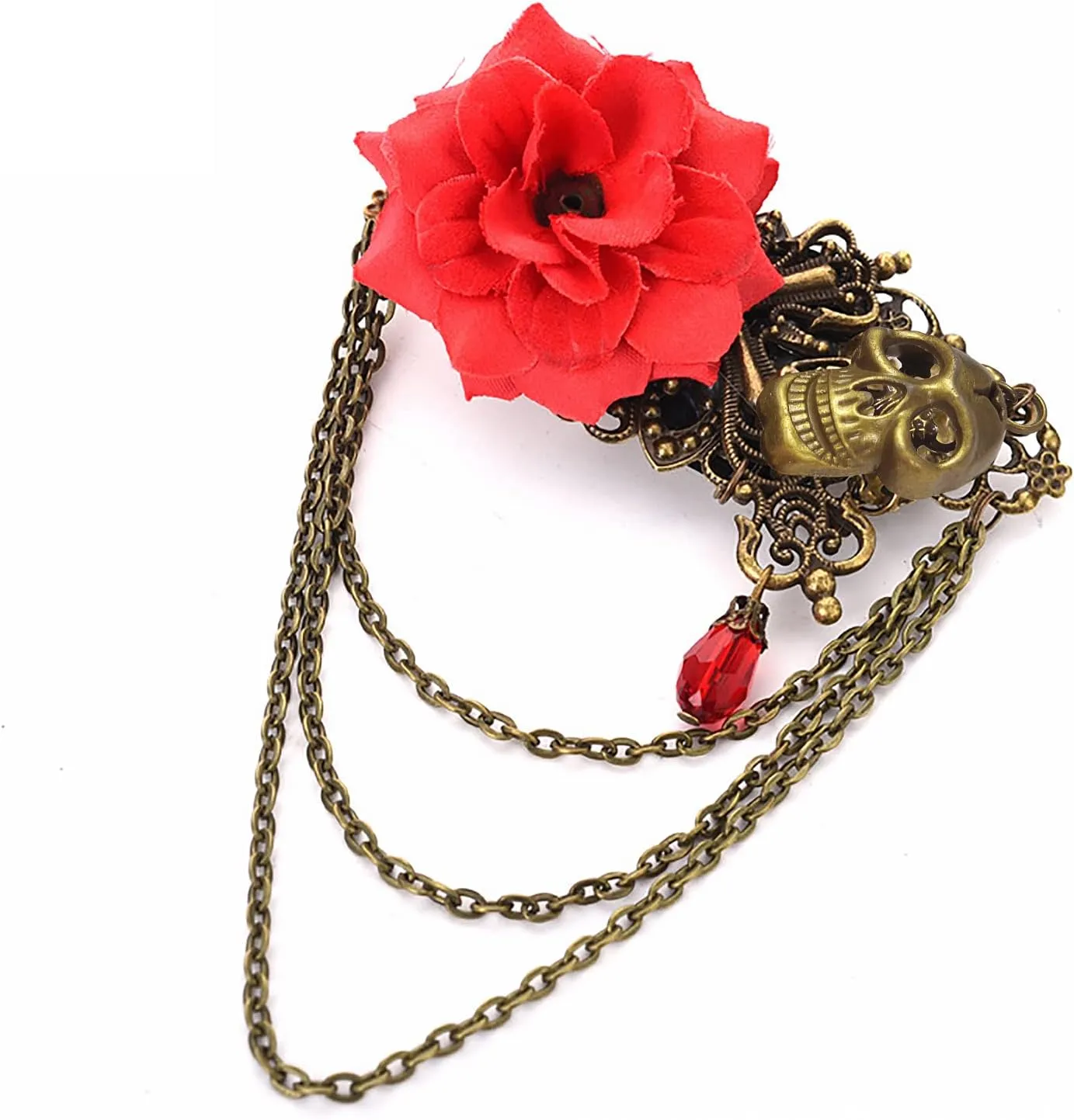Vintage Punk Hair Clip Gothic Cross Skull Brooch with Tassels Chain Rose Shawl Brooch for Women Men Halloween Costume Party