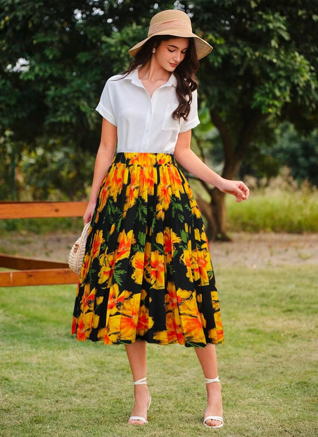 VOBCTY Womens Midi Skirts Summer Trendy A-line High Waist Casual Flowy Skirts