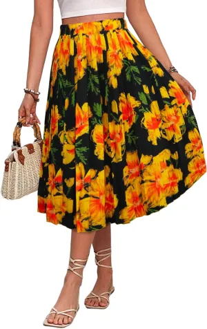 VOBCTY Womens Midi Skirts Summer Trendy A-line High Waist Casual Flowy Skirts